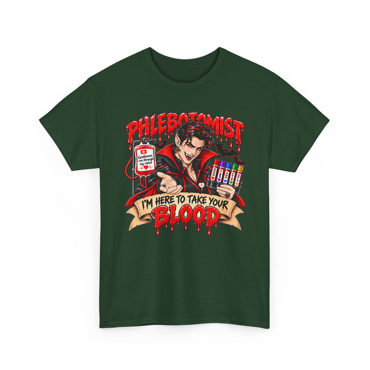 Phlebotomist T-Shirt — "I’m Here to Take Your Blood" Cartoon Vampire Medical Tee
