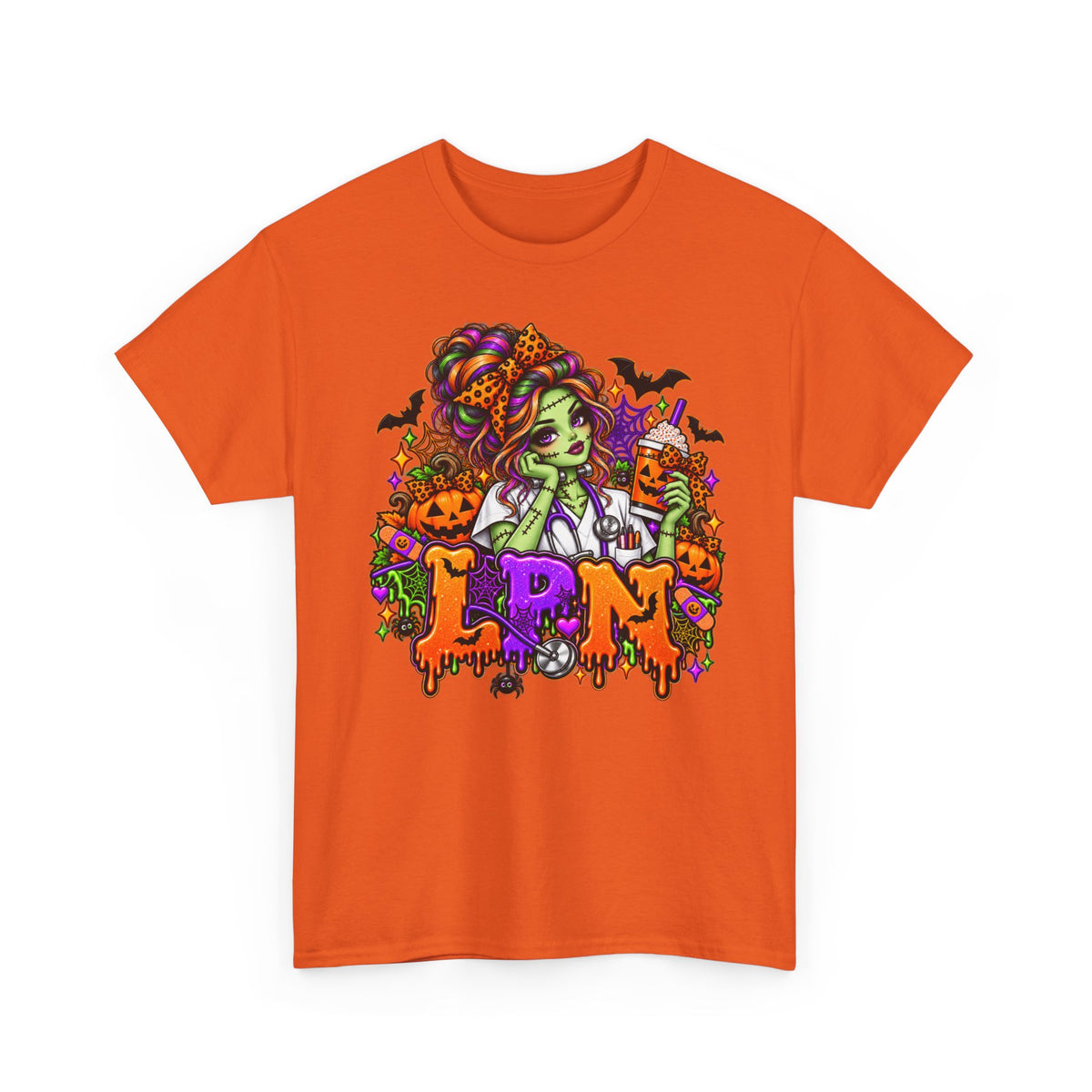 Witchy Halloween Tee — Green Witch, Pumpkins & 'LPN' Candy Gothic Shirt