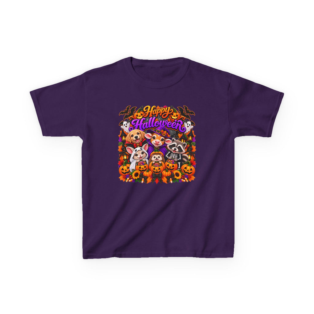 Kids T-Shirt — Colorful 'Happy Halloween' Animal Pumpkin Crew