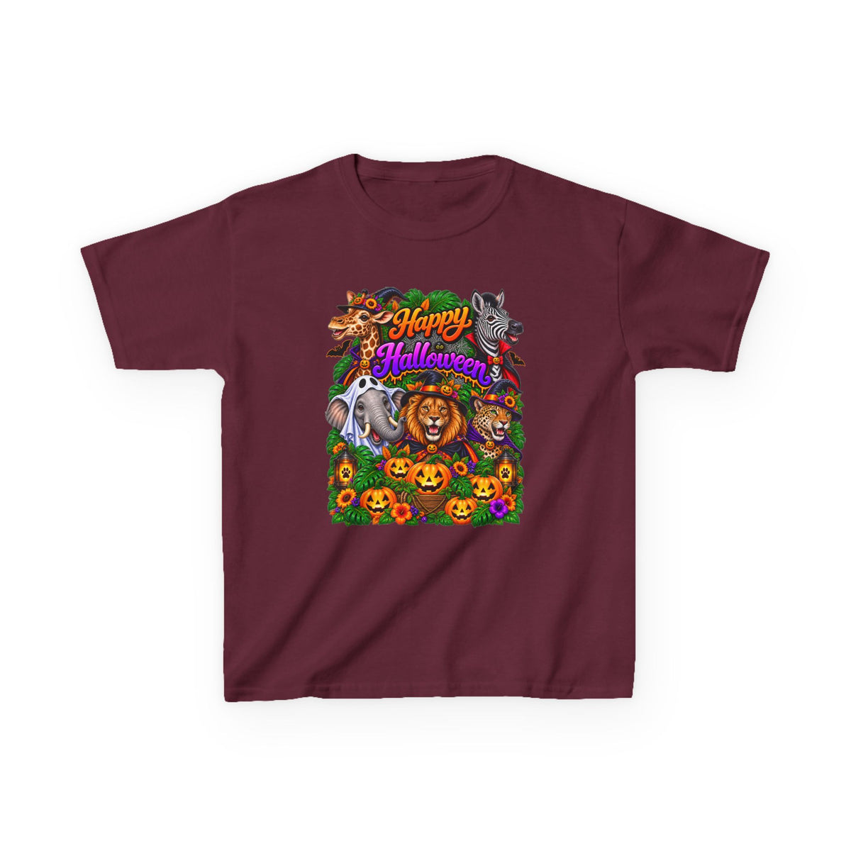Kids Halloween Animal Costume Tee — “Happy Halloween” Pumpkin & Lion Design