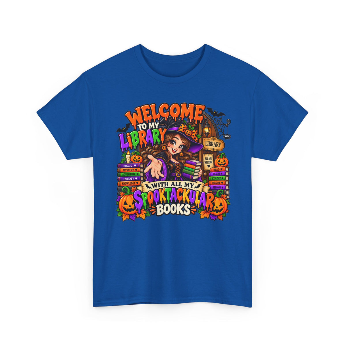 Halloween Library T-Shirt — “Welcome to My Library With All My Spooktackular Books”