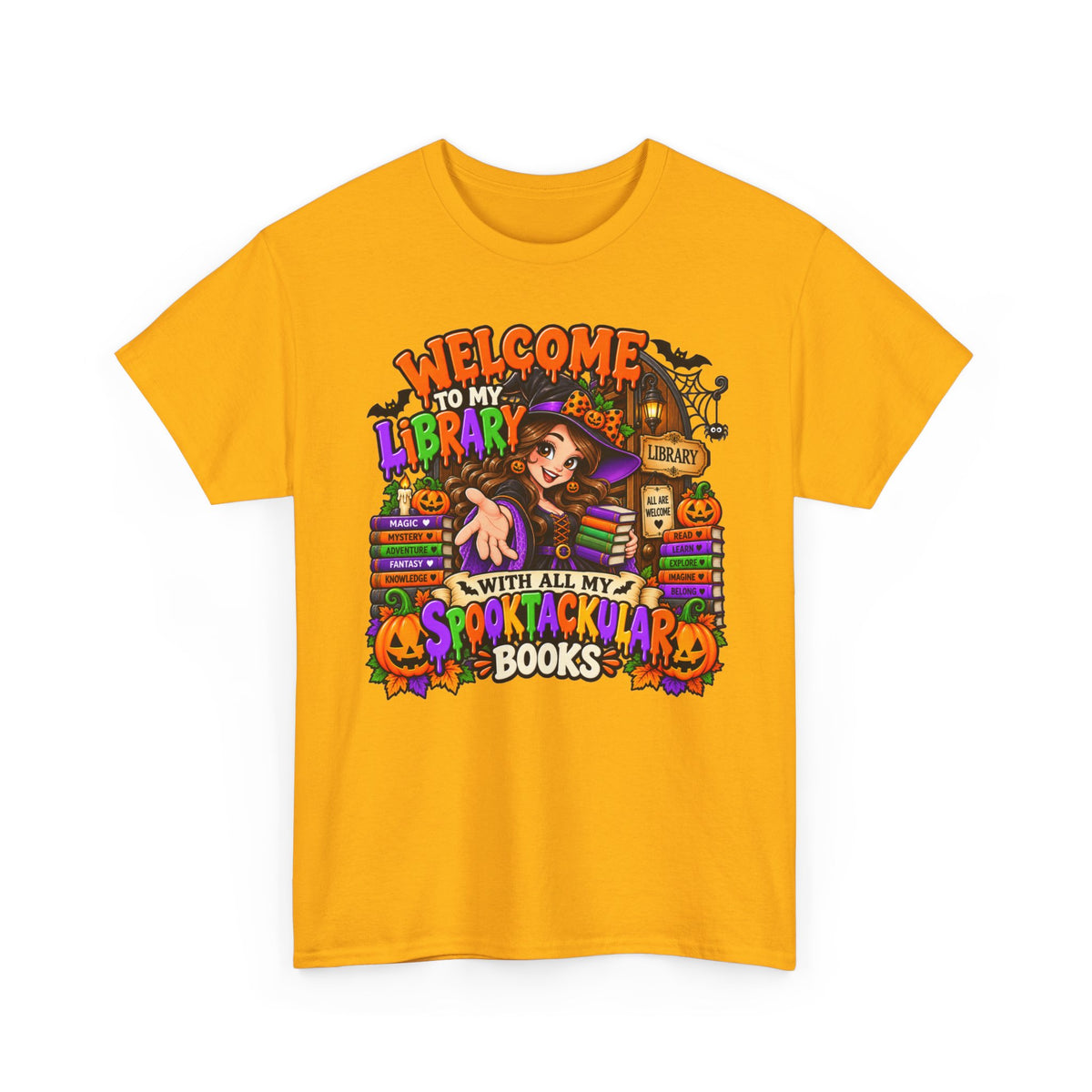 Halloween Library T-Shirt — “Welcome to My Library With All My Spooktackular Books”