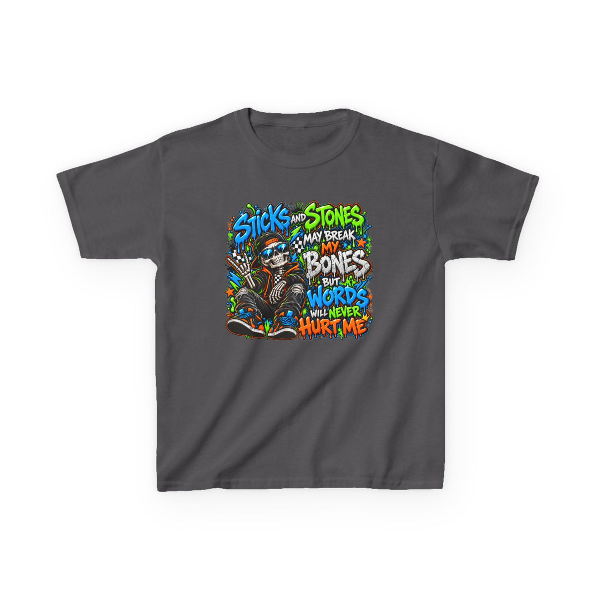 Kids T‑Shirt - Colorful 'Sticks and Stones May Break My Bones But Words Will Never Hurt Me' Graphic Tee