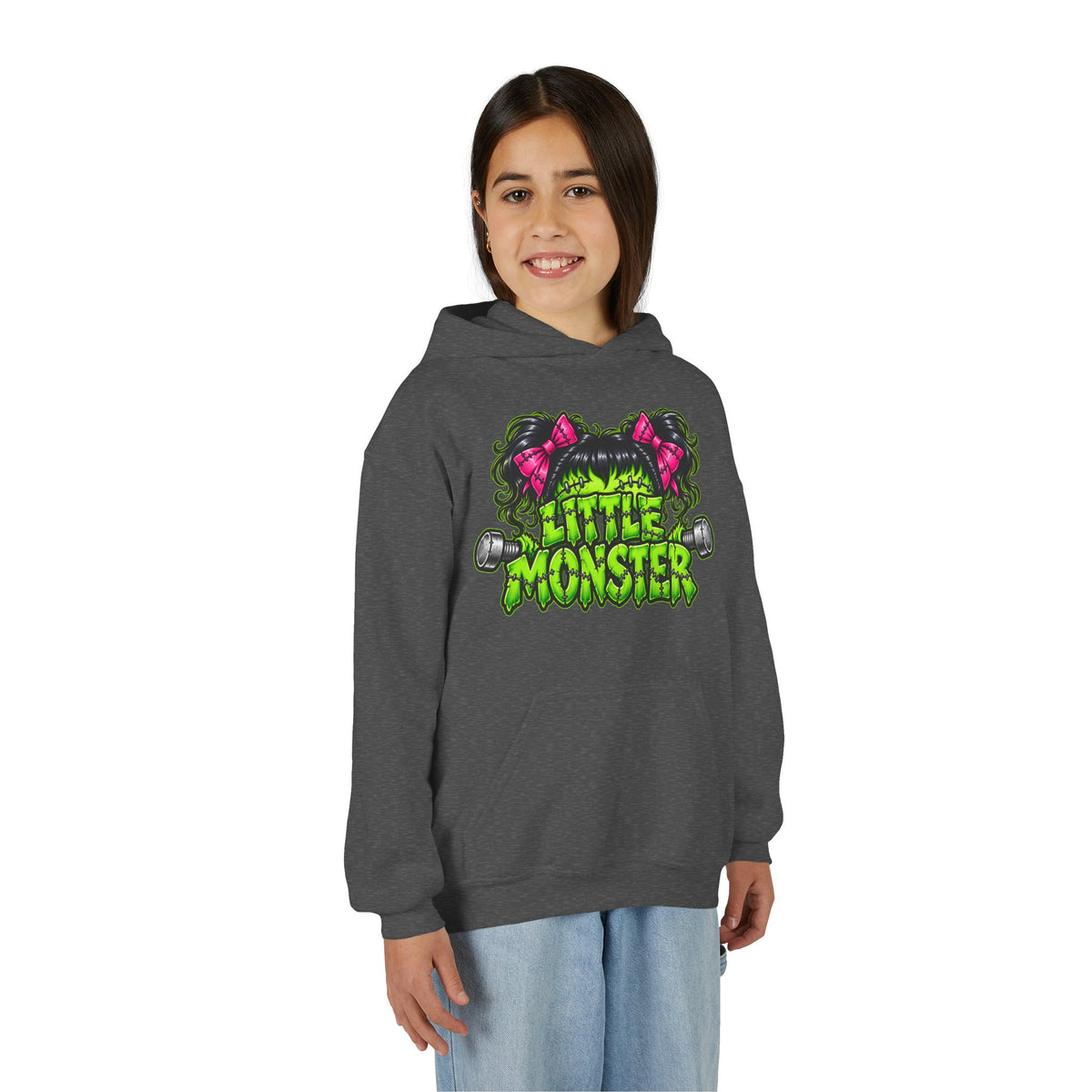 Youth Hoodie — "Little Monster" Cute Green Monster Graphic Sweatshirt