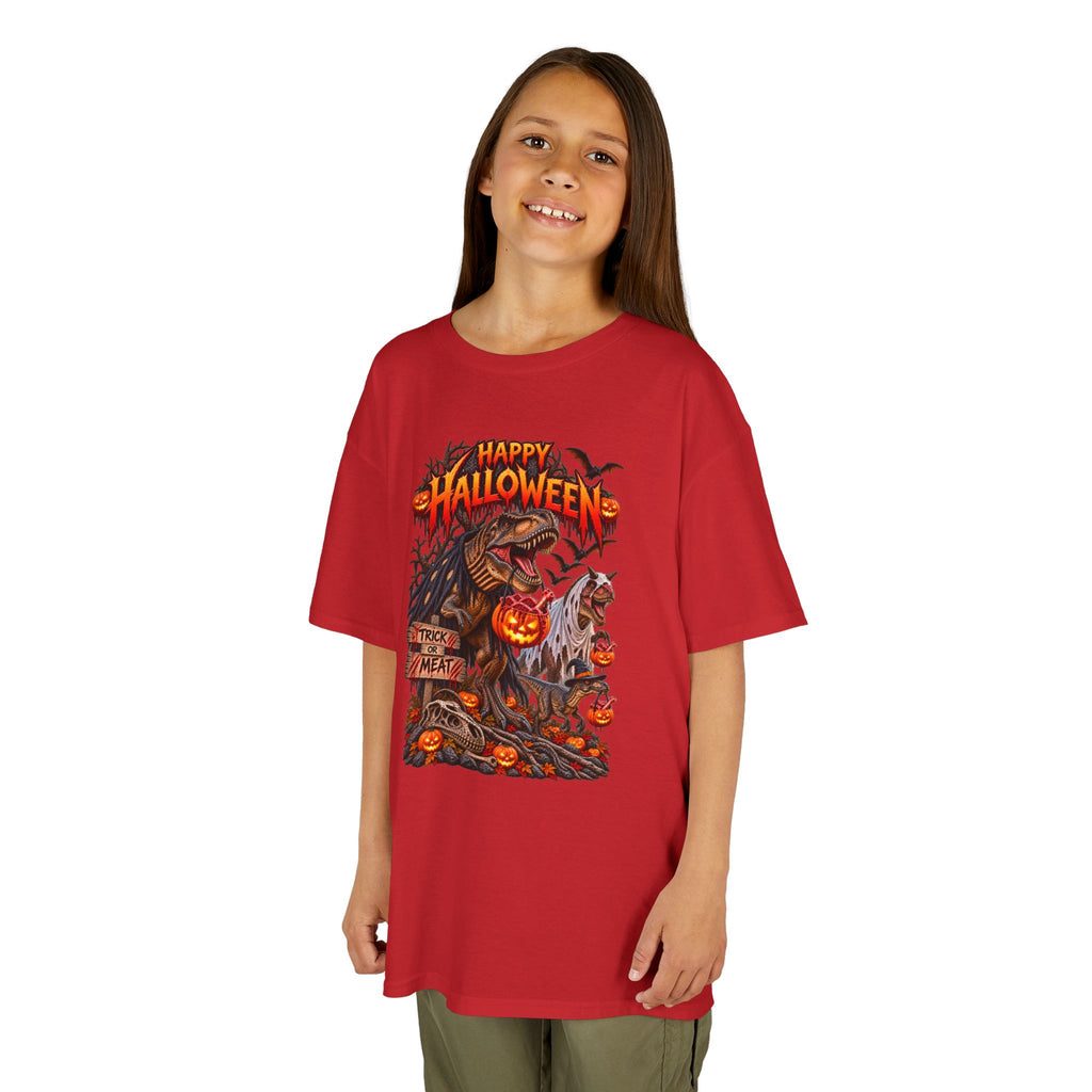 Kids Halloween Tee – "Happy Halloween" Scary Pumpkin Dinosaur Graphic