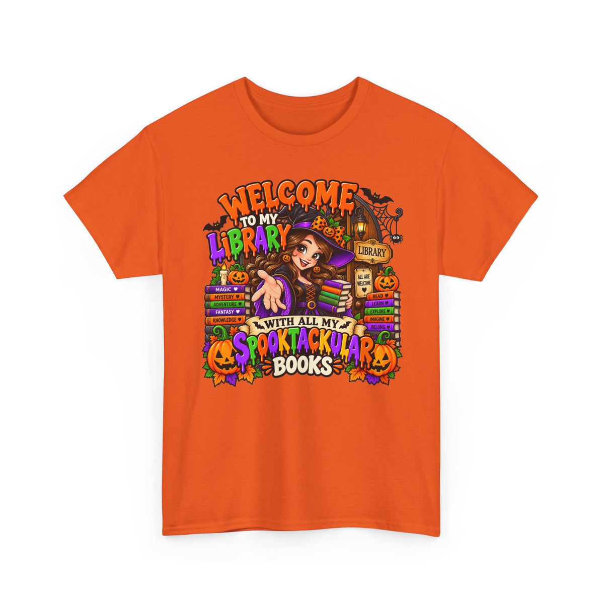 Halloween Library T-Shirt — “Welcome to My Library With All My Spooktackular Books”