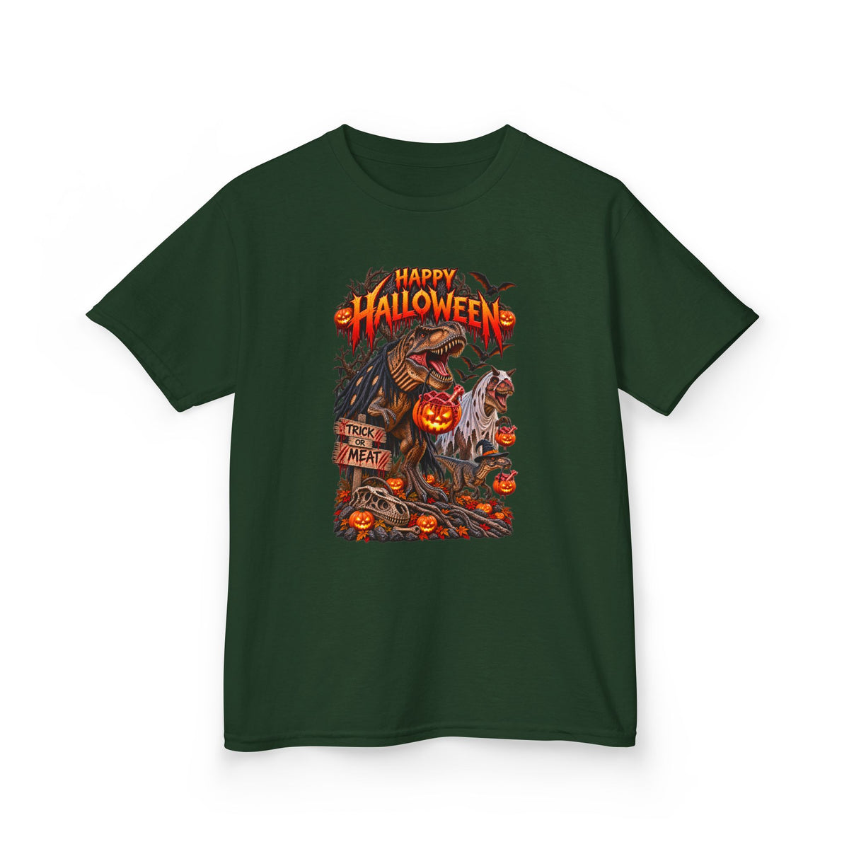 Kids Halloween Tee – "Happy Halloween" Scary Pumpkin Dinosaur Graphic