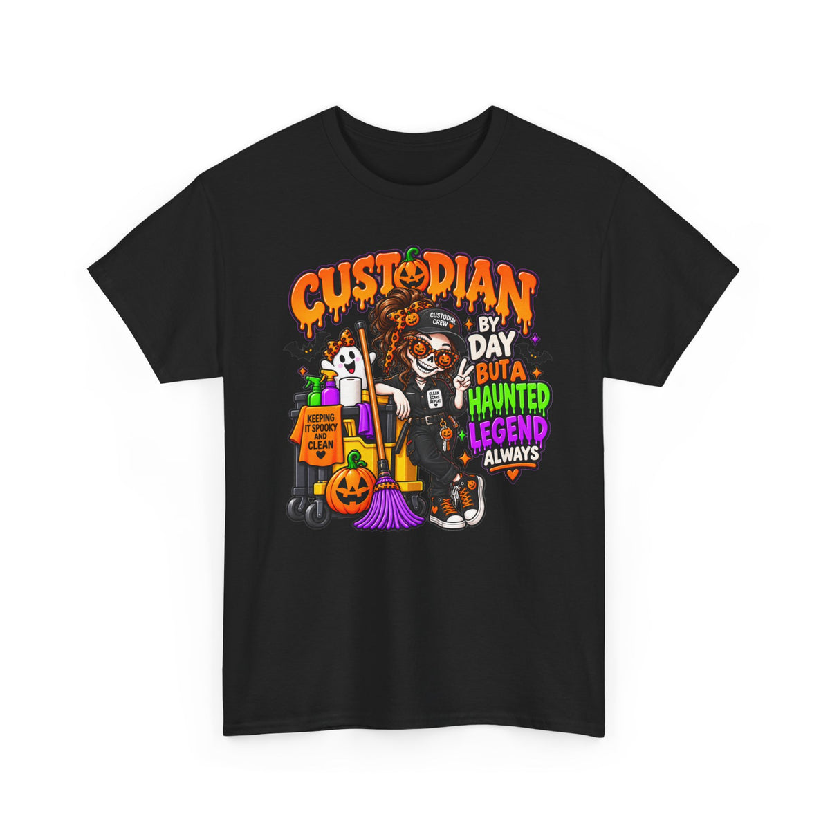 Custodian Halloween T‑Shirt – "Custodian by Day but a Haunted Legend Always" Cute Spooky Custodial Crew Tee