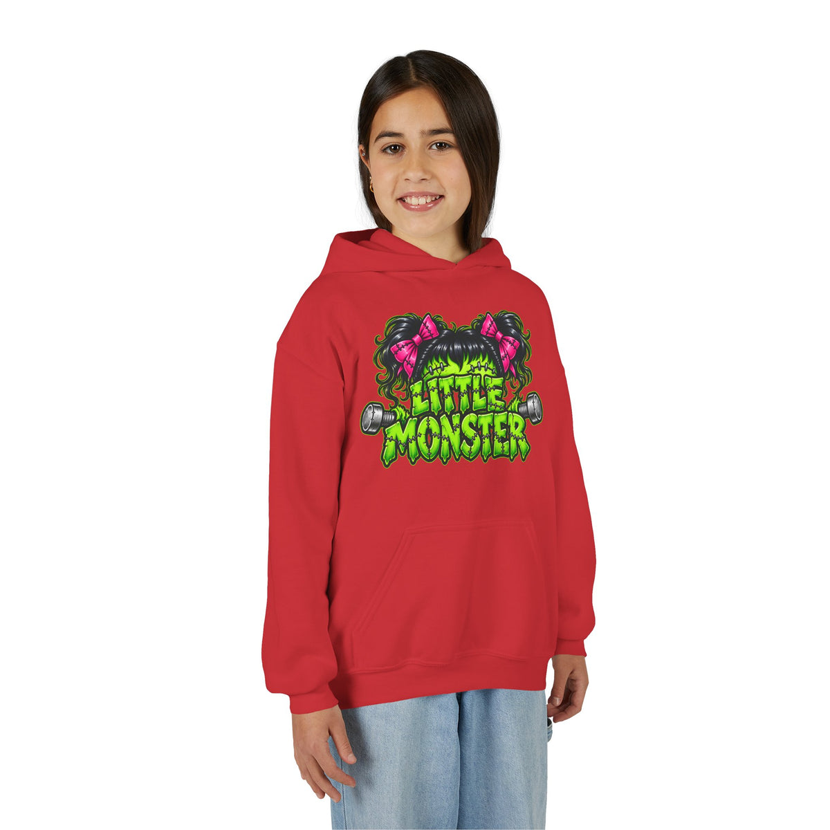 Youth Hoodie — "Little Monster" Cute Green Monster Graphic Sweatshirt