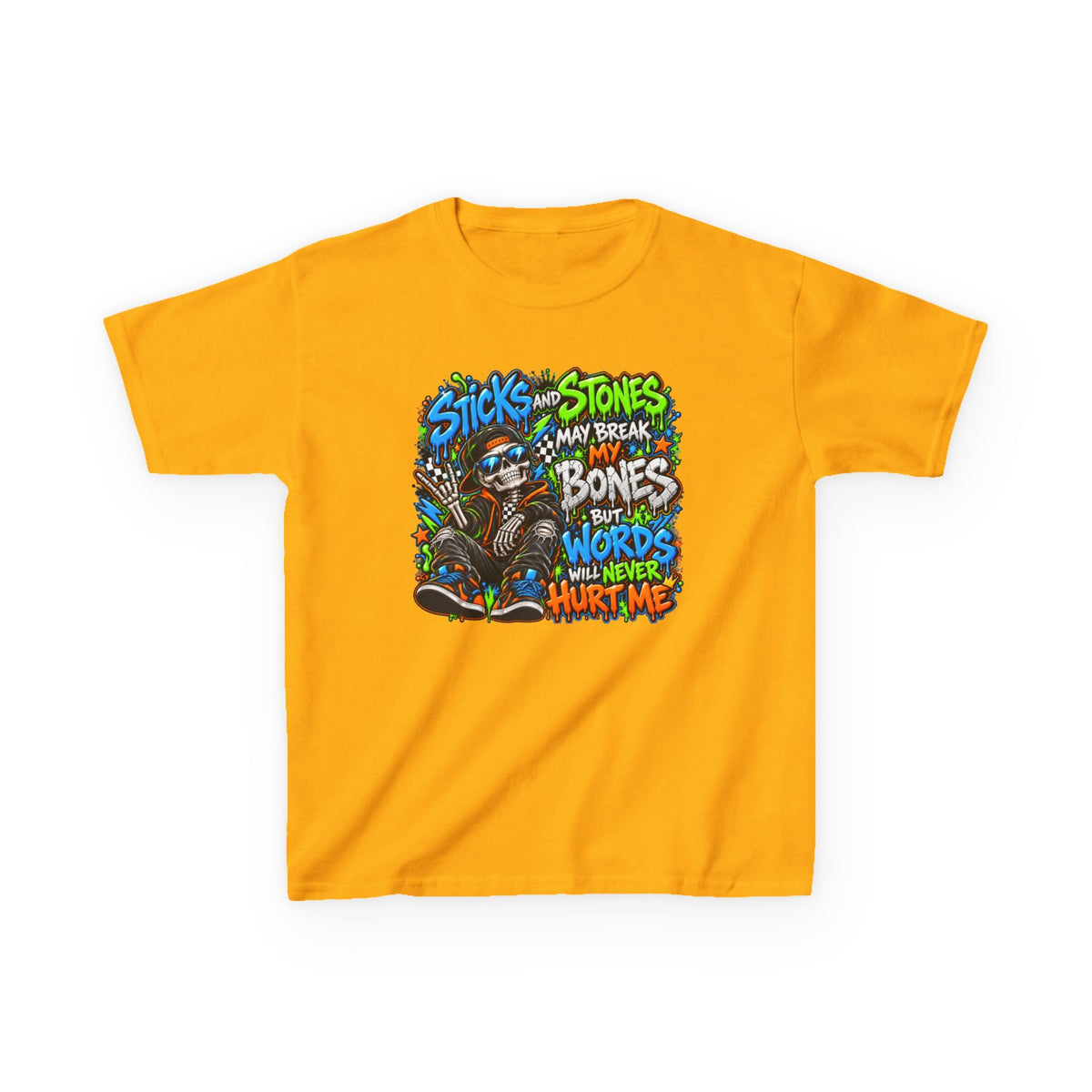 Kids T‑Shirt - Colorful 'Sticks and Stones May Break My Bones But Words Will Never Hurt Me' Graphic Tee