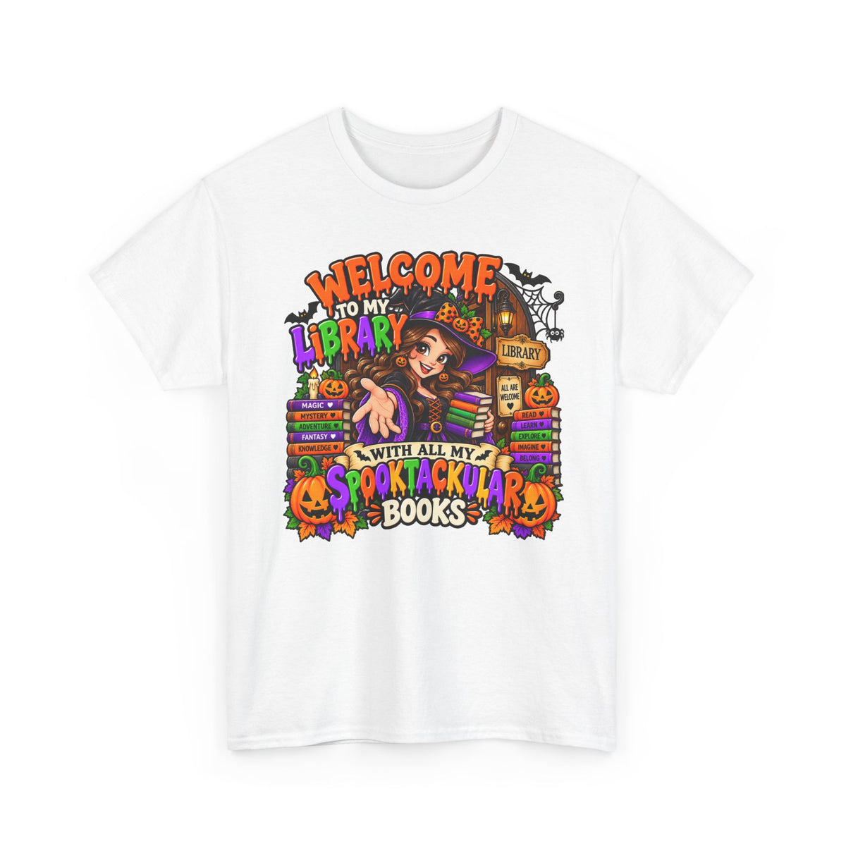 Halloween Library T-Shirt — “Welcome to My Library With All My Spooktackular Books”