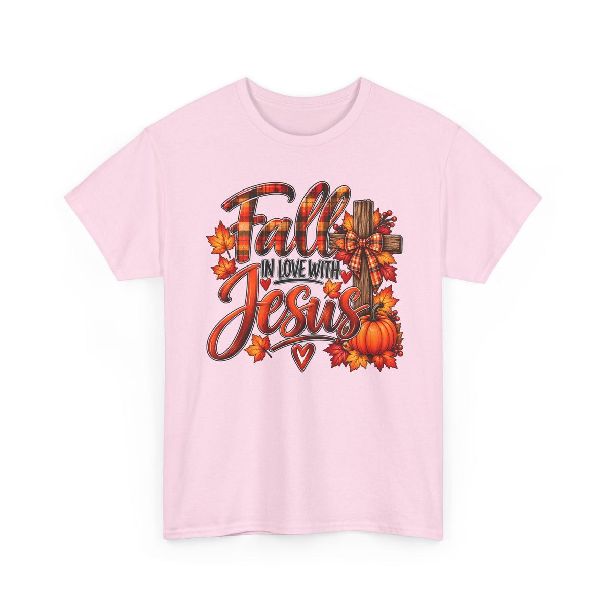 Fall in Love with Jesus T-Shirt — Autumn Christian Tee with Pumpkins & Leaves