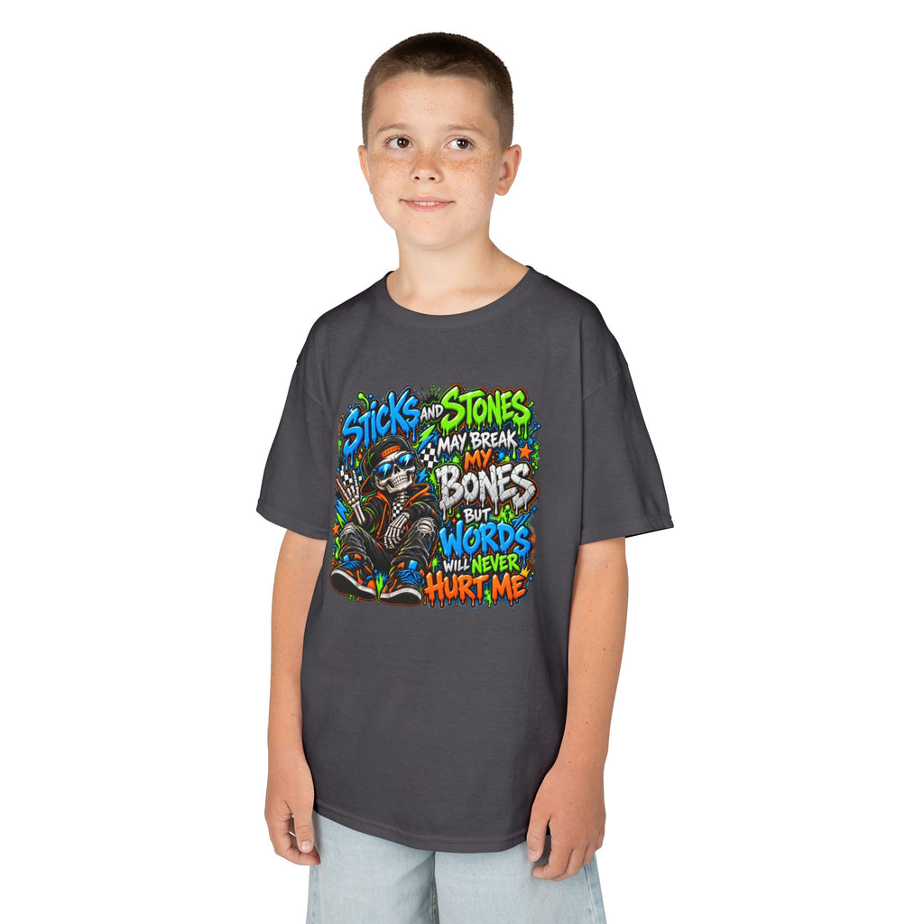 Kids T‑Shirt - Colorful 'Sticks and Stones May Break My Bones But Words Will Never Hurt Me' Graphic Tee