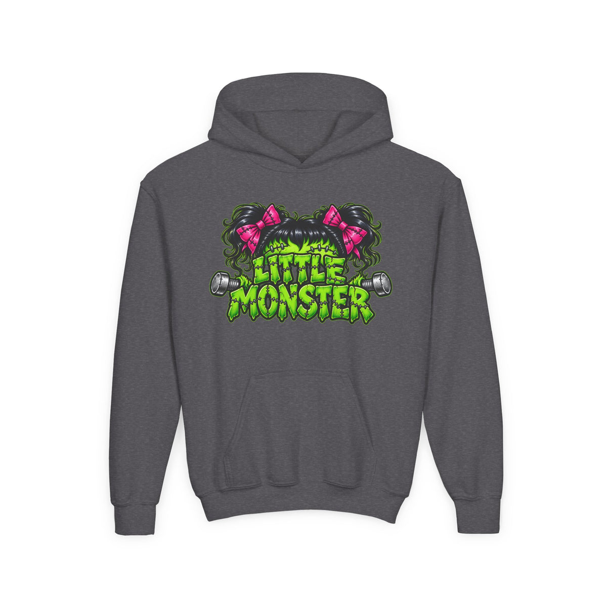 Youth Hoodie — "Little Monster" Cute Green Monster Graphic Sweatshirt