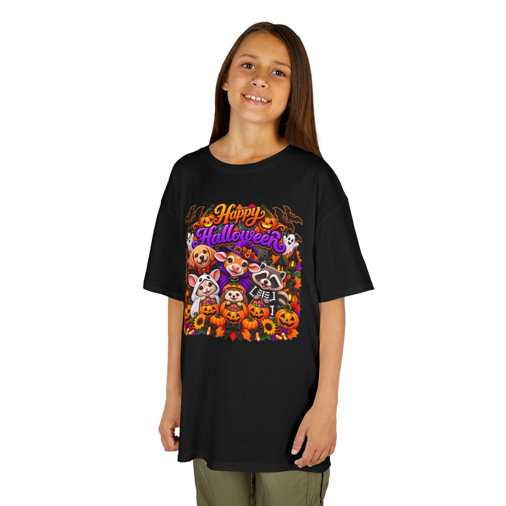 Kids T-Shirt — Colorful 'Happy Halloween' Animal Pumpkin Crew