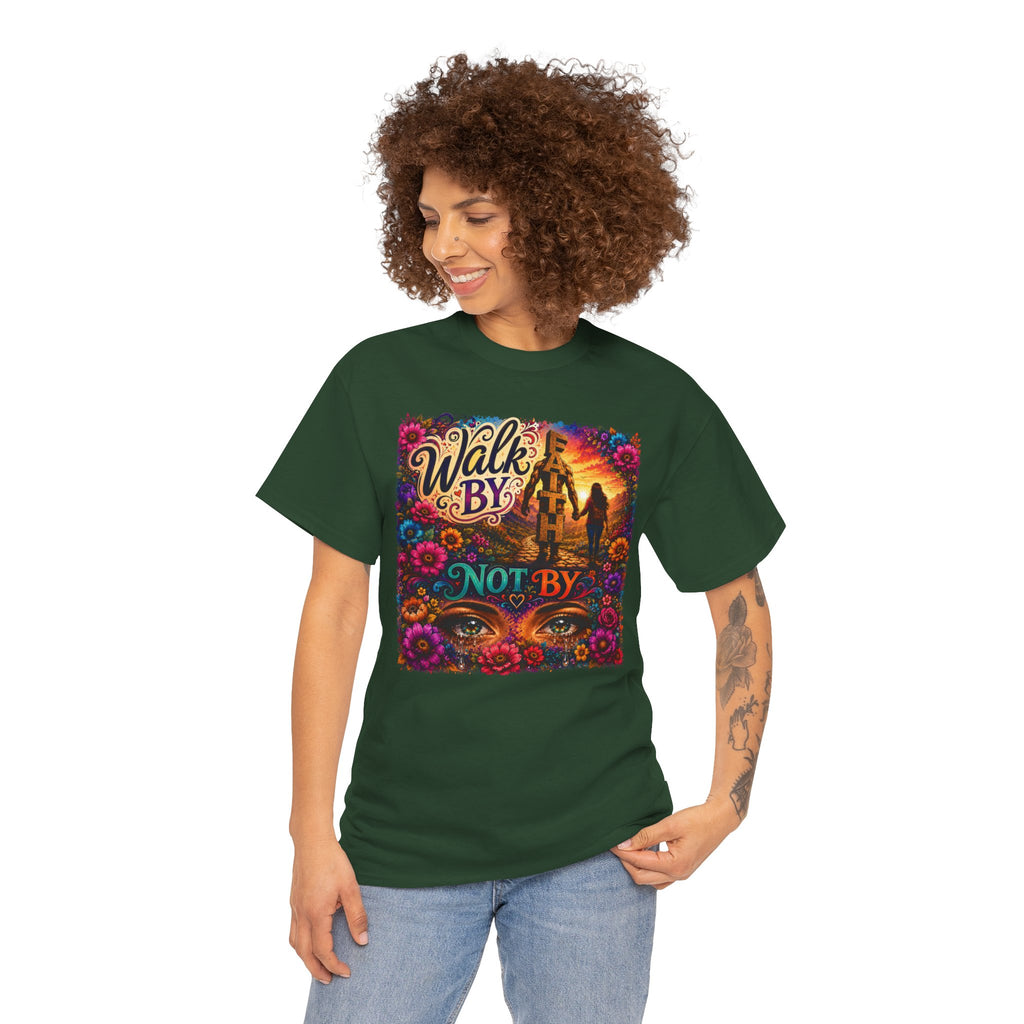 T‑Shirt — "Walk By Faith Not By Sight" Colorful Sunset Silhouette Christian Tee