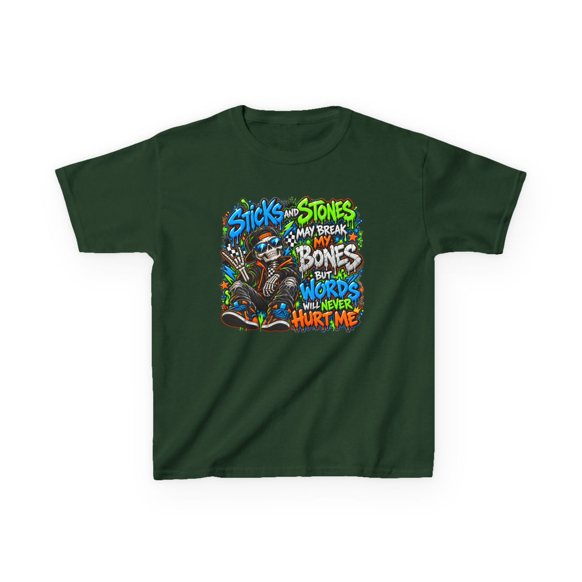 Kids T‑Shirt - Colorful 'Sticks and Stones May Break My Bones But Words Will Never Hurt Me' Graphic Tee