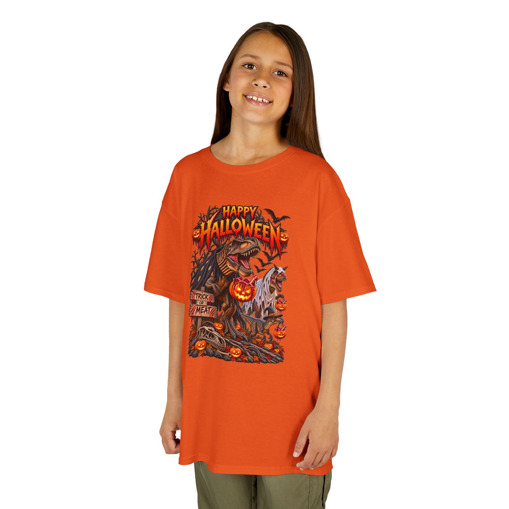 Kids Halloween Tee – "Happy Halloween" Scary Pumpkin Dinosaur Graphic