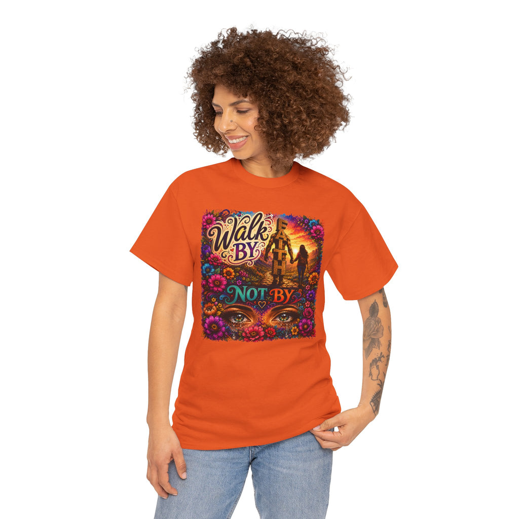 T‑Shirt — "Walk By Faith Not By Sight" Colorful Sunset Silhouette Christian Tee