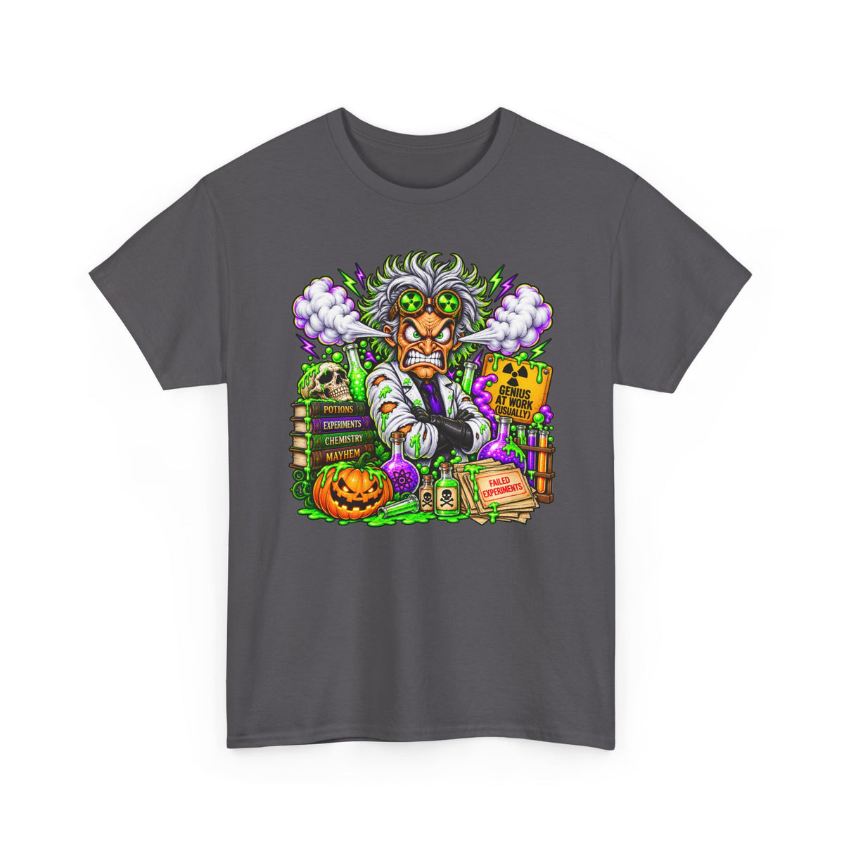 Mad Scientist Halloween Tee — Creepy Lab, Pumpkin & Potion Graphic T-Shirt