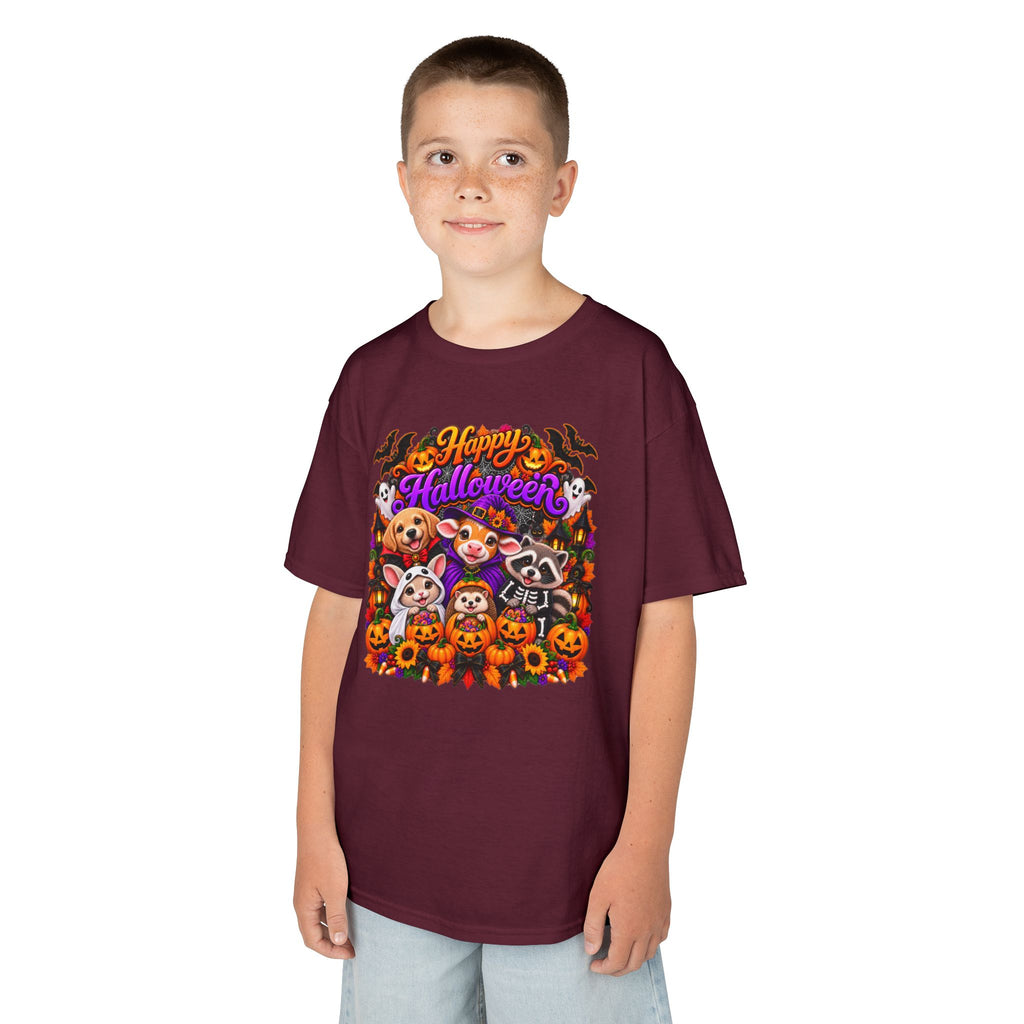 Kids T-Shirt — Colorful 'Happy Halloween' Animal Pumpkin Crew