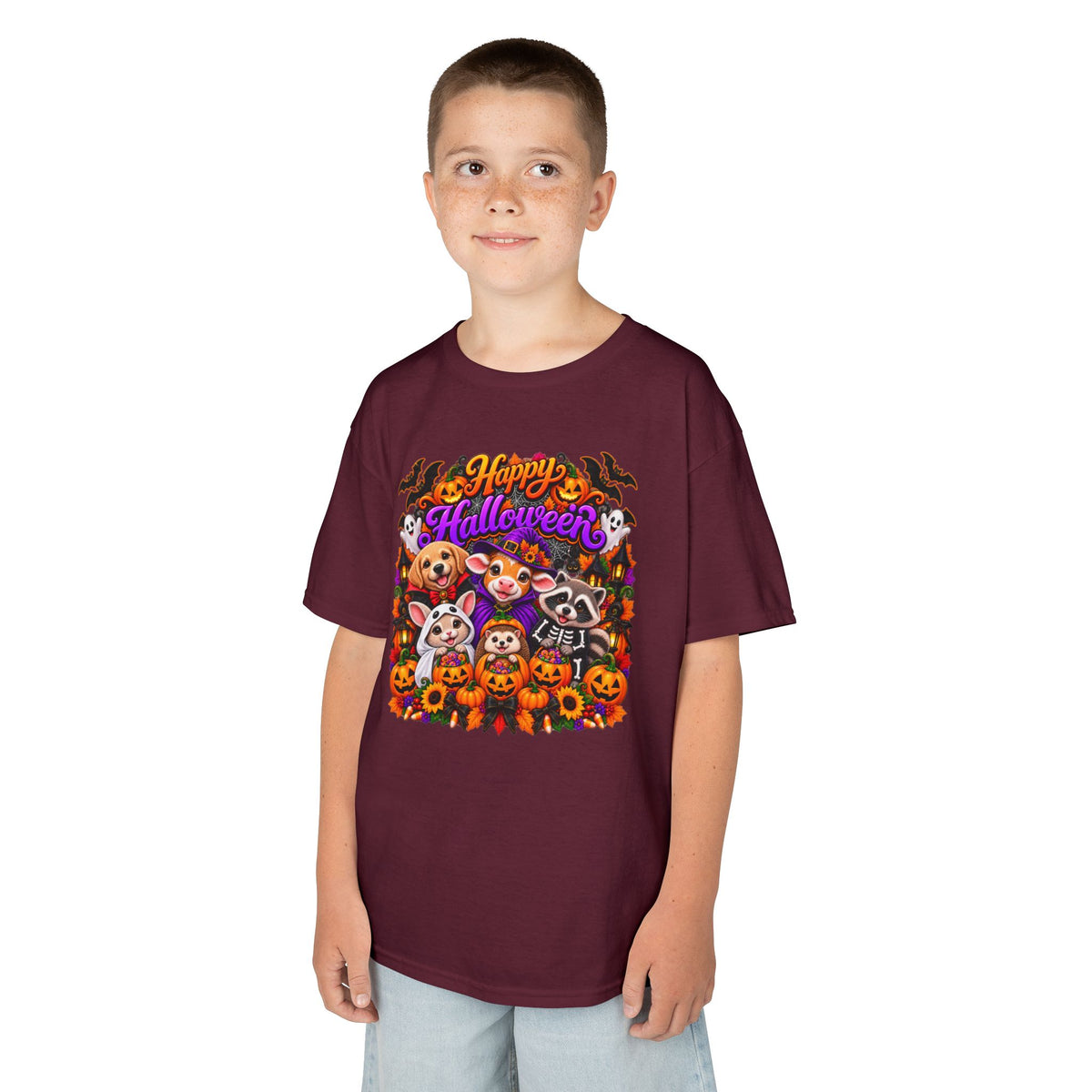 Kids T-Shirt — Colorful 'Happy Halloween' Animal Pumpkin Crew