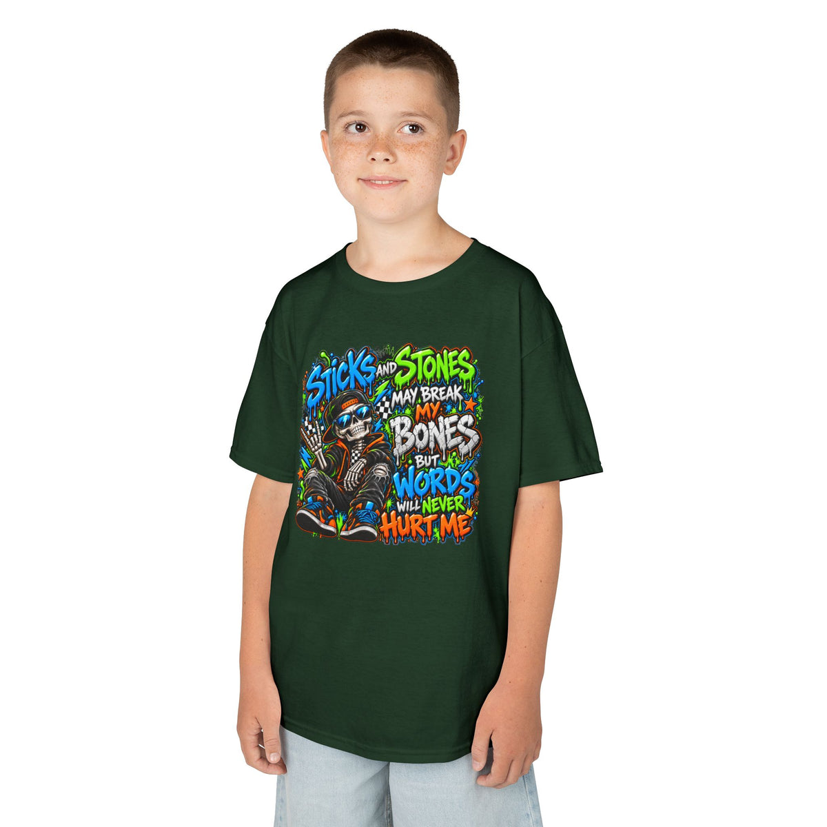 Kids T‑Shirt - Colorful 'Sticks and Stones May Break My Bones But Words Will Never Hurt Me' Graphic Tee