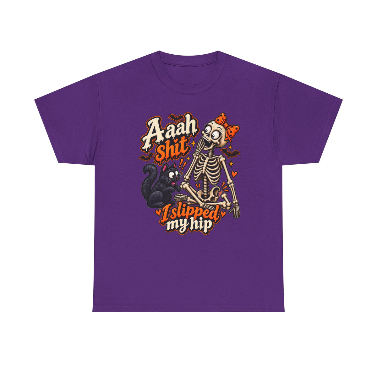 Skeleton Cat Tee — “Aaah Shit I Slipped My Hip” Halloween Graphic T-Shirt