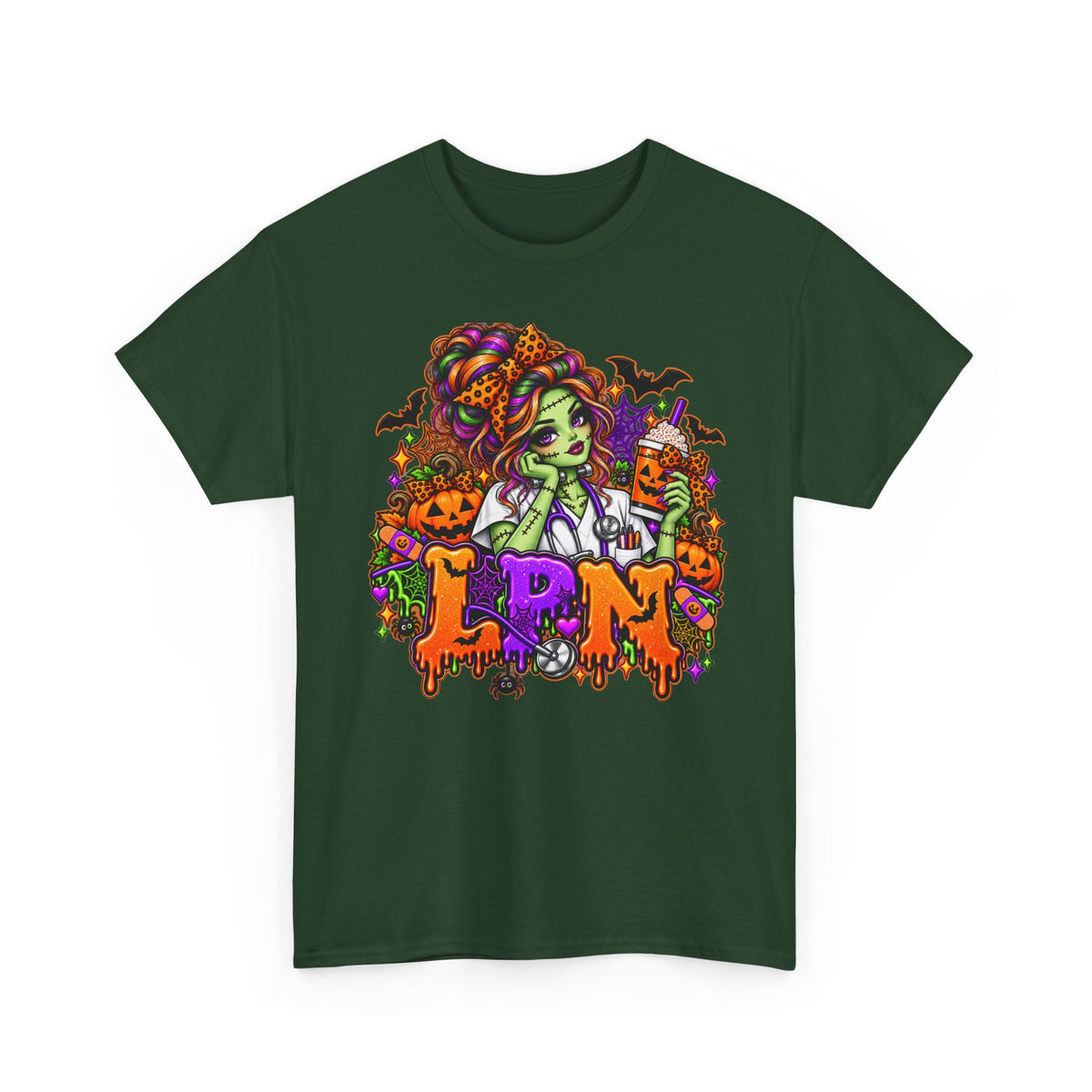 Witchy Halloween Tee — Green Witch, Pumpkins & 'LPN' Candy Gothic Shirt