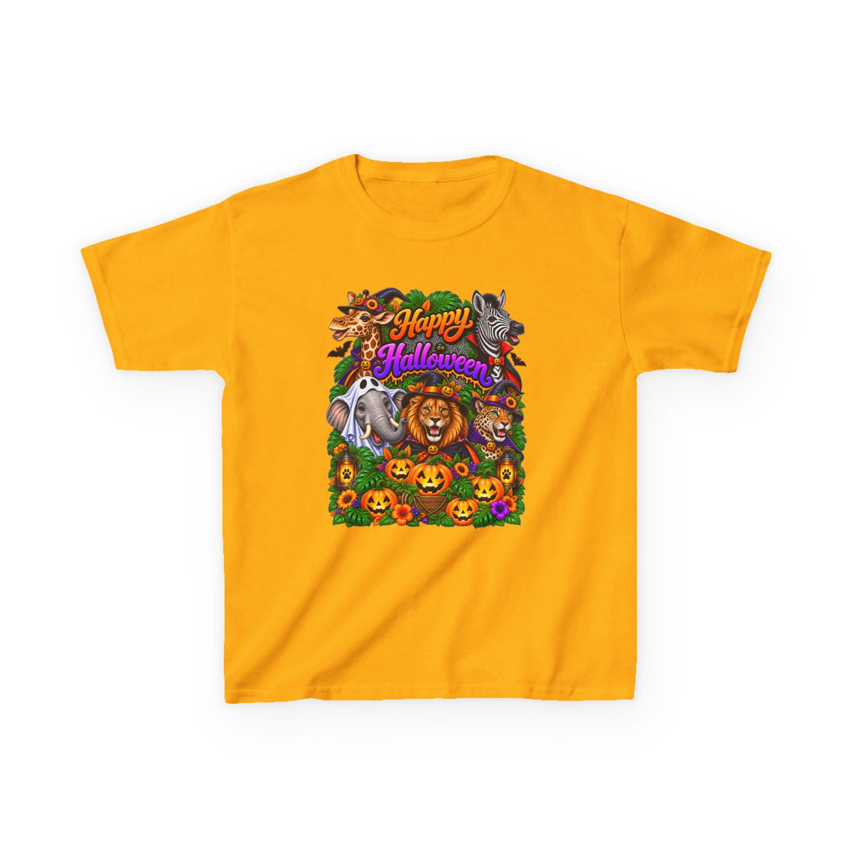 Kids Halloween Animal Costume Tee — “Happy Halloween” Pumpkin & Lion Design