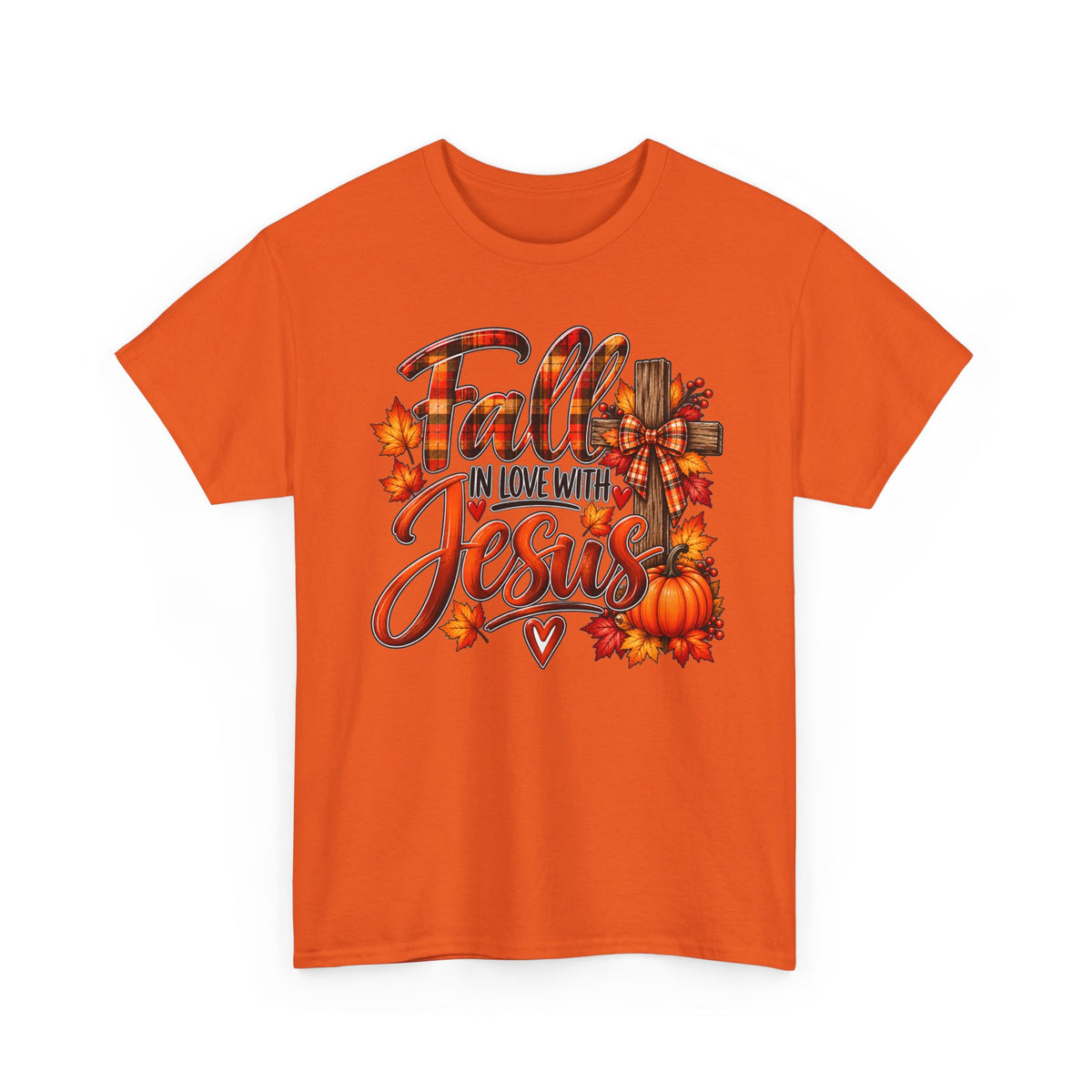 Fall in Love with Jesus T-Shirt — Autumn Christian Tee with Pumpkins & Leaves