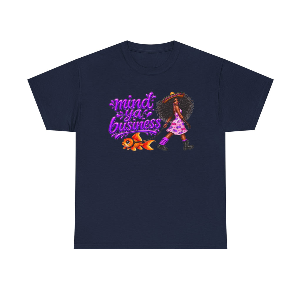 Mind Ya' Business Graphic Tee — Girl Walking with Goldfish Design