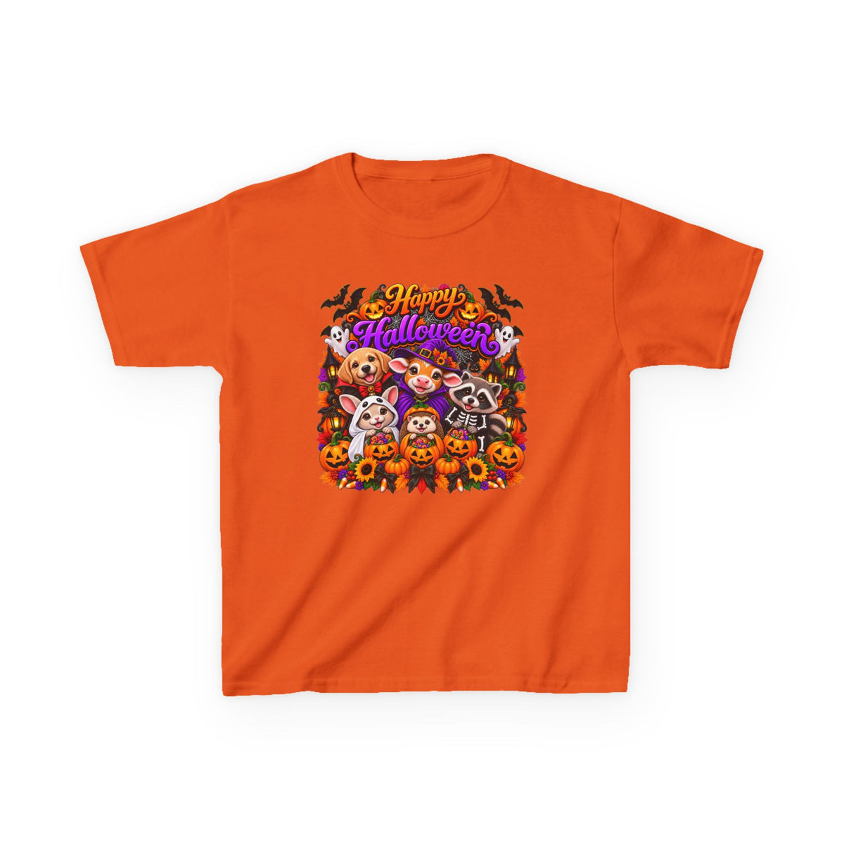Kids T-Shirt — Colorful 'Happy Halloween' Animal Pumpkin Crew