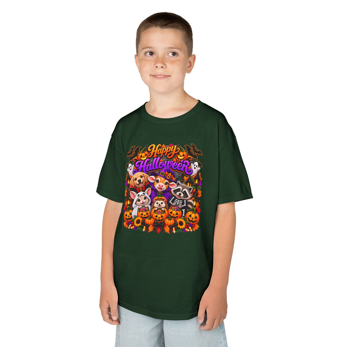Kids T-Shirt — Colorful 'Happy Halloween' Animal Pumpkin Crew