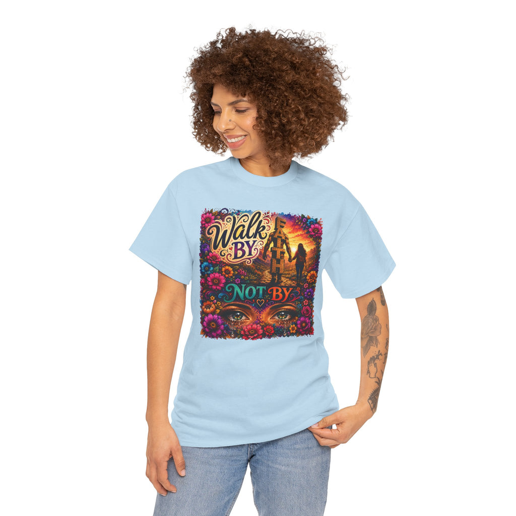T‑Shirt — "Walk By Faith Not By Sight" Colorful Sunset Silhouette Christian Tee
