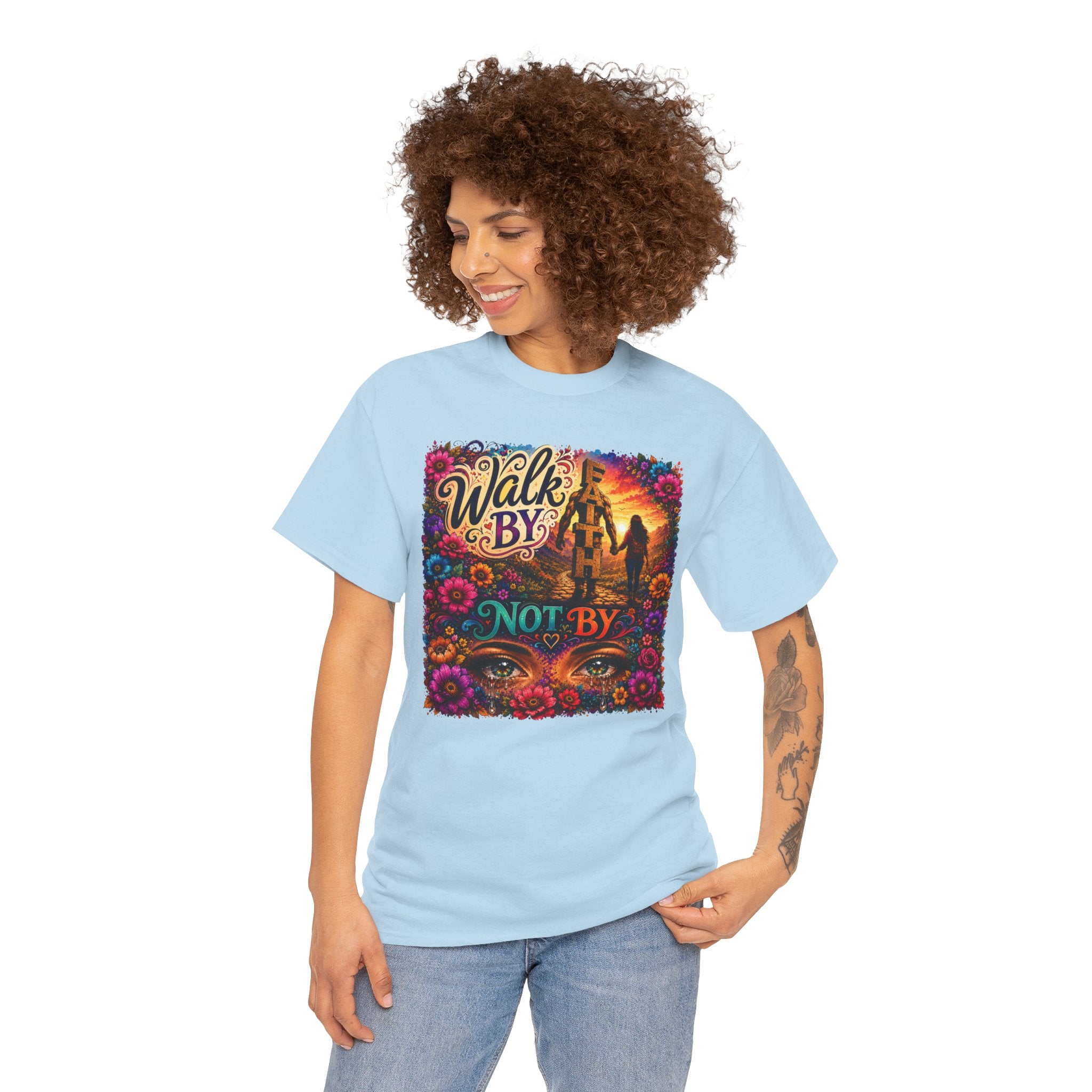 T‑Shirt — "Walk By Faith Not By Sight" Colorful Sunset Silhouette Christian Tee