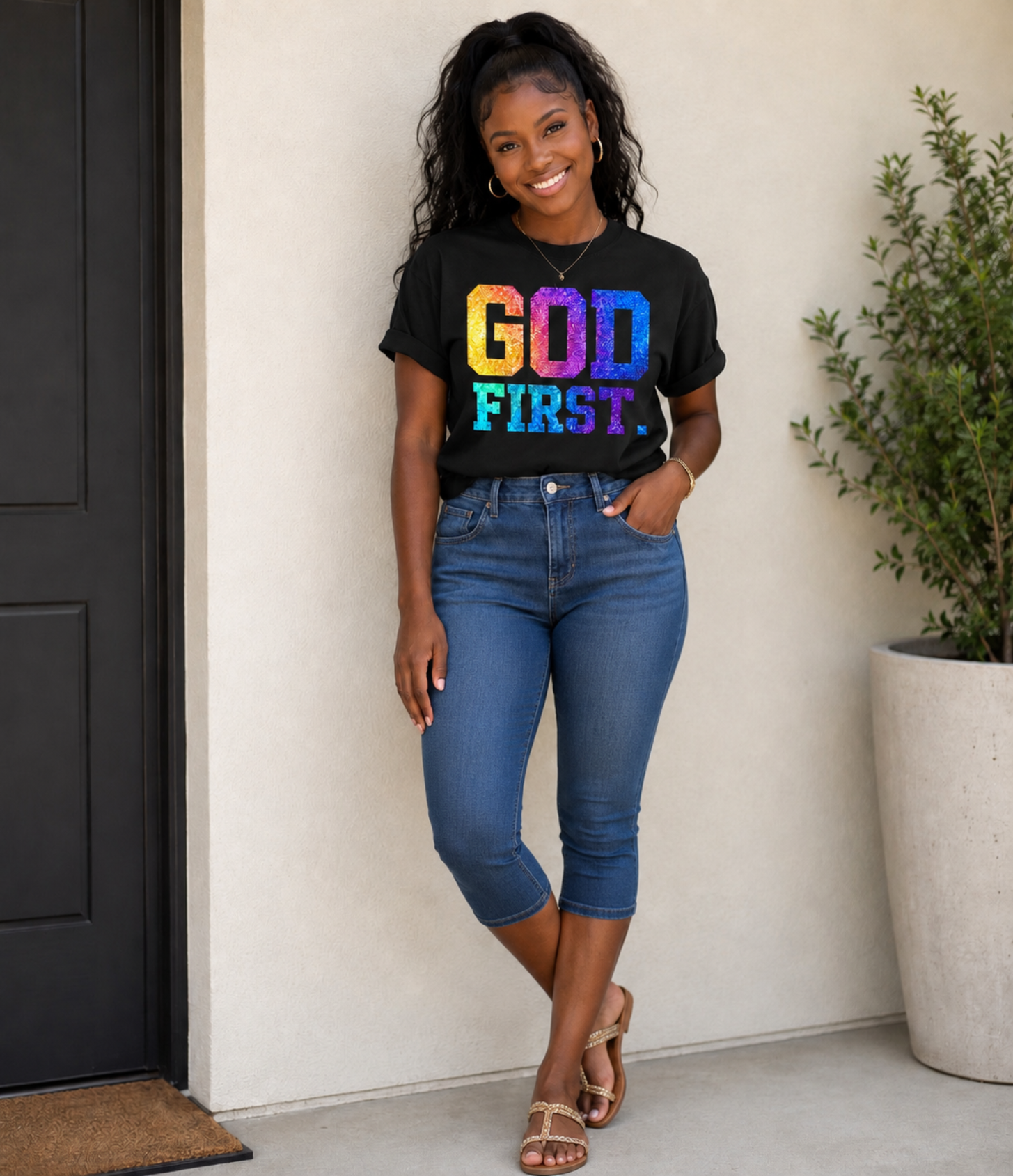 God First T-Shirt — Rainbow Glitter Faith Tee