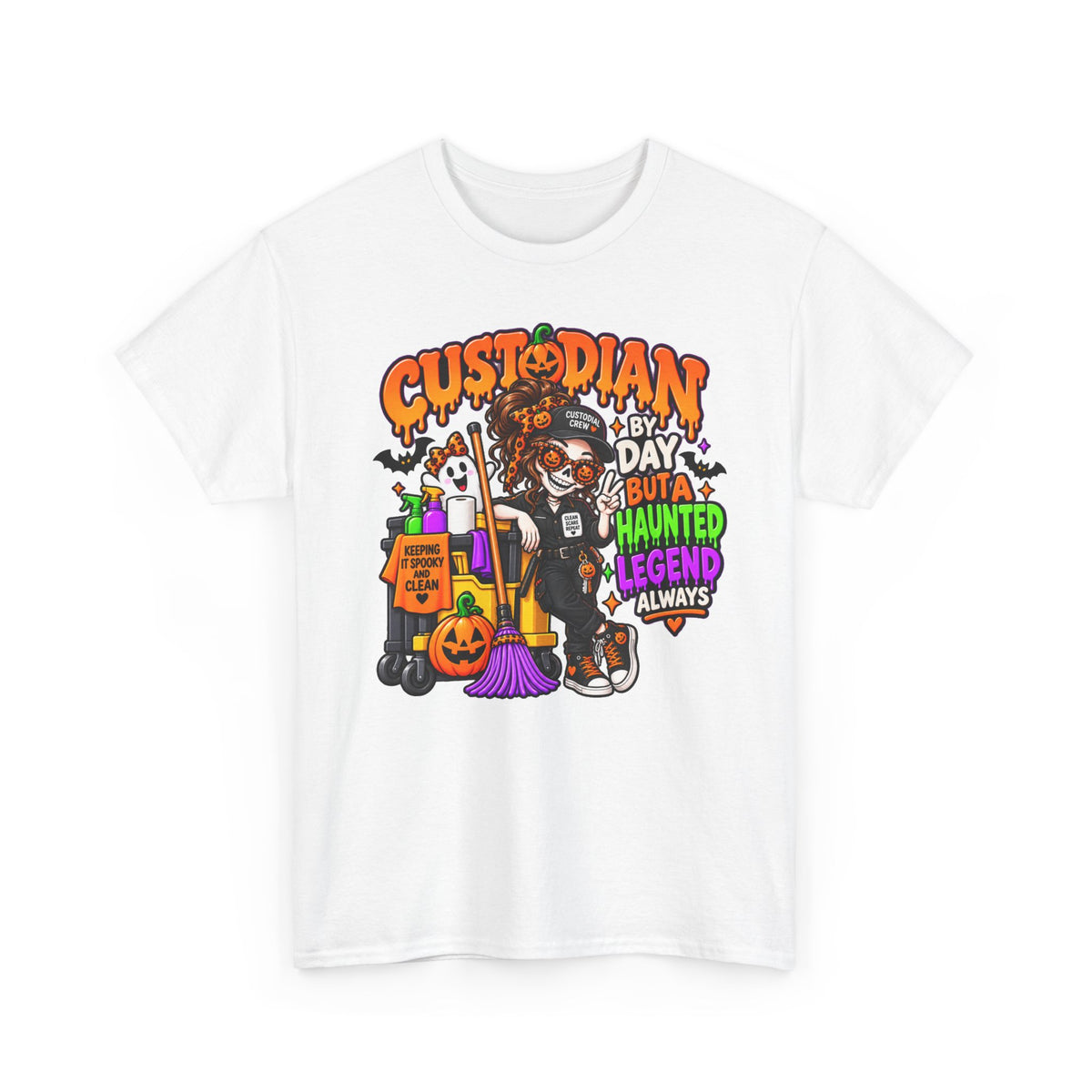 Custodian Halloween T‑Shirt – "Custodian by Day but a Haunted Legend Always" Cute Spooky Custodial Crew Tee