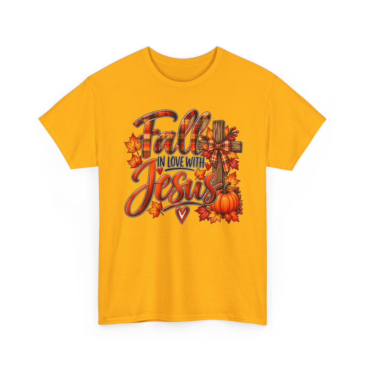 Fall in Love with Jesus T-Shirt — Autumn Christian Tee with Pumpkins & Leaves