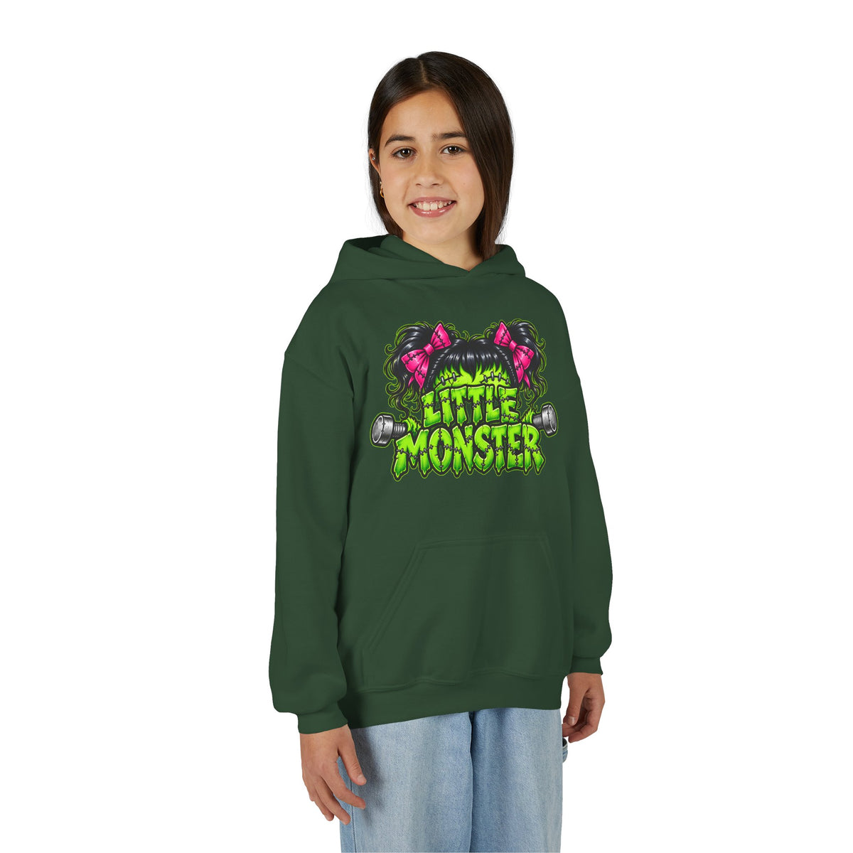 Youth Hoodie — "Little Monster" Cute Green Monster Graphic Sweatshirt