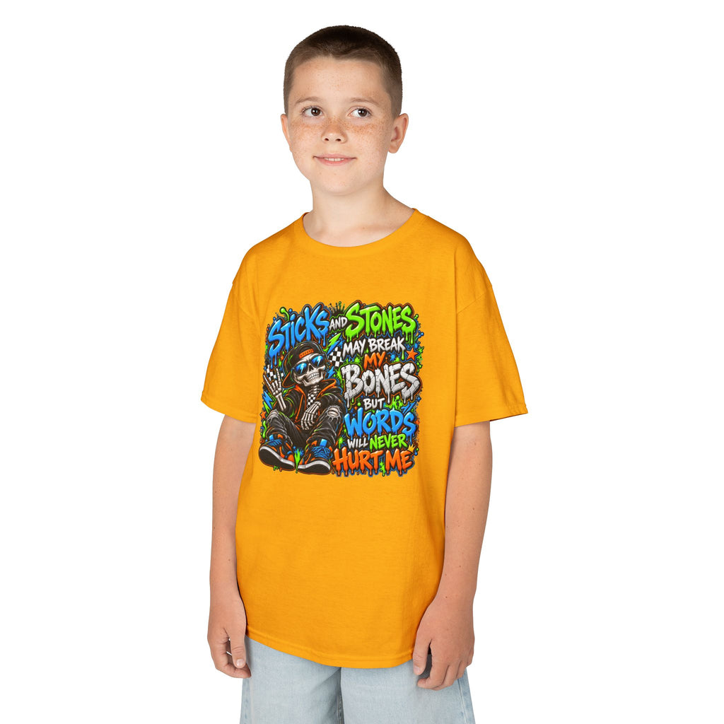 Kids T‑Shirt - Colorful 'Sticks and Stones May Break My Bones But Words Will Never Hurt Me' Graphic Tee