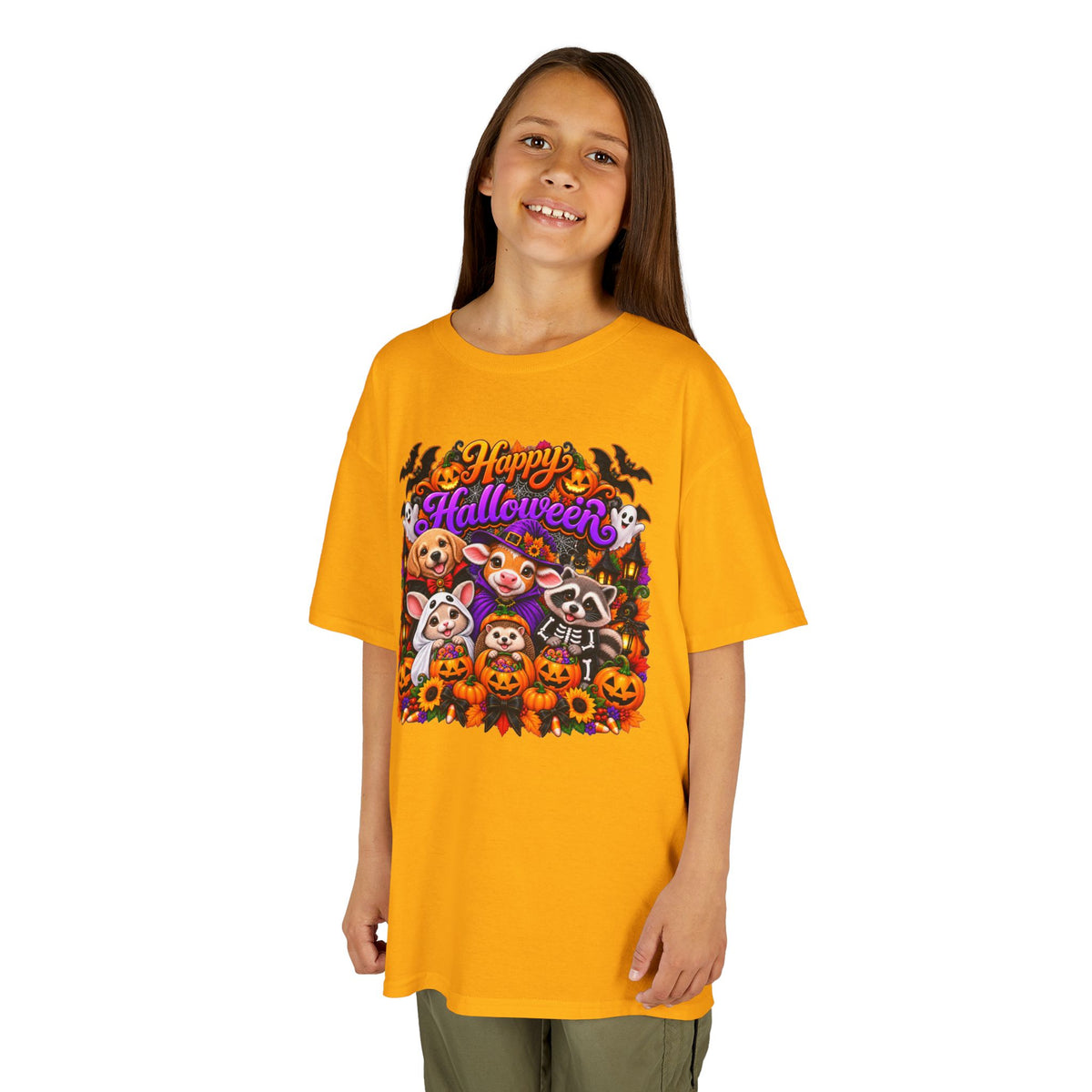 Kids T-Shirt — Colorful 'Happy Halloween' Animal Pumpkin Crew