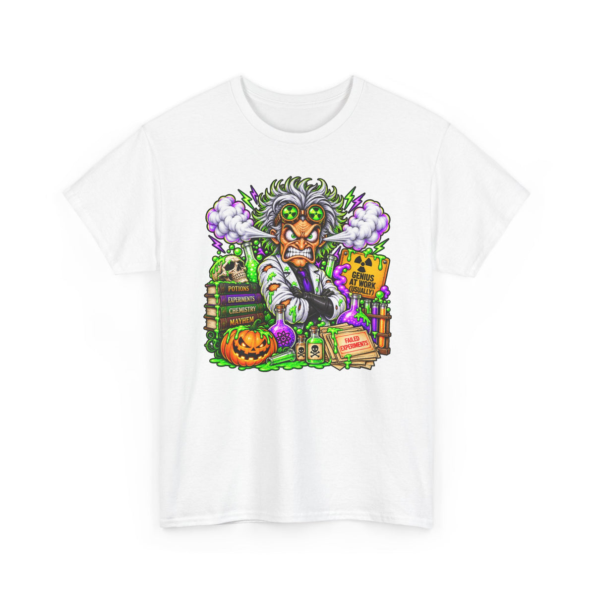 Mad Scientist Halloween Tee — Creepy Lab, Pumpkin & Potion Graphic T-Shirt