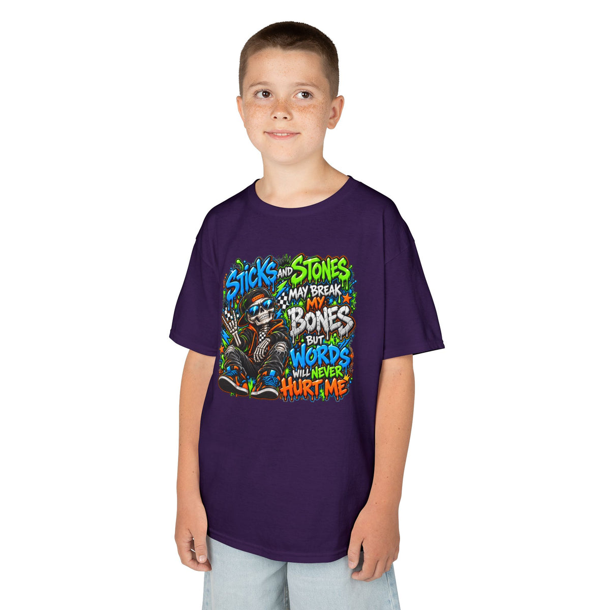 Kids T‑Shirt - Colorful 'Sticks and Stones May Break My Bones But Words Will Never Hurt Me' Graphic Tee