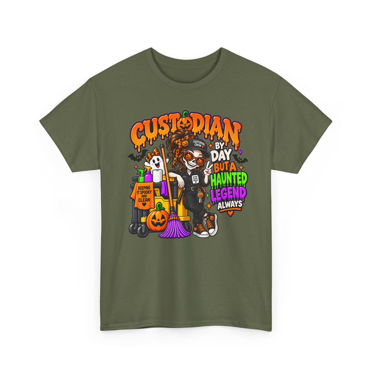Custodian Halloween T‑Shirt – "Custodian by Day but a Haunted Legend Always" Cute Spooky Custodial Crew Tee