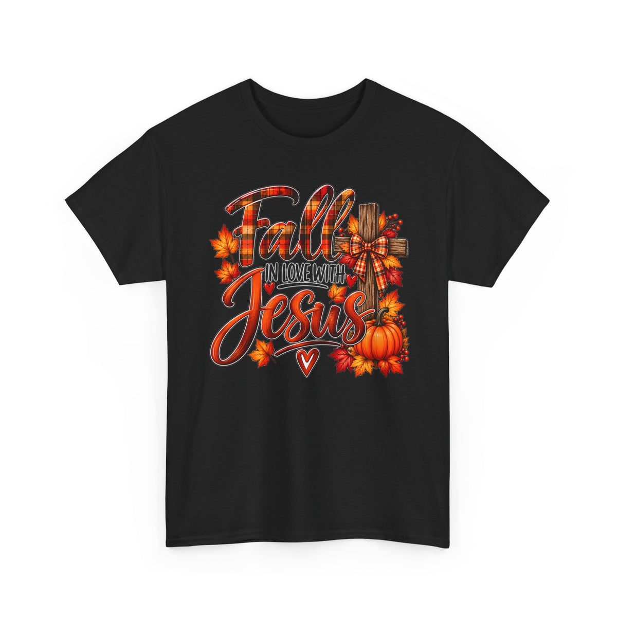 Fall in Love with Jesus T-Shirt — Autumn Christian Tee with Pumpkins & Leaves