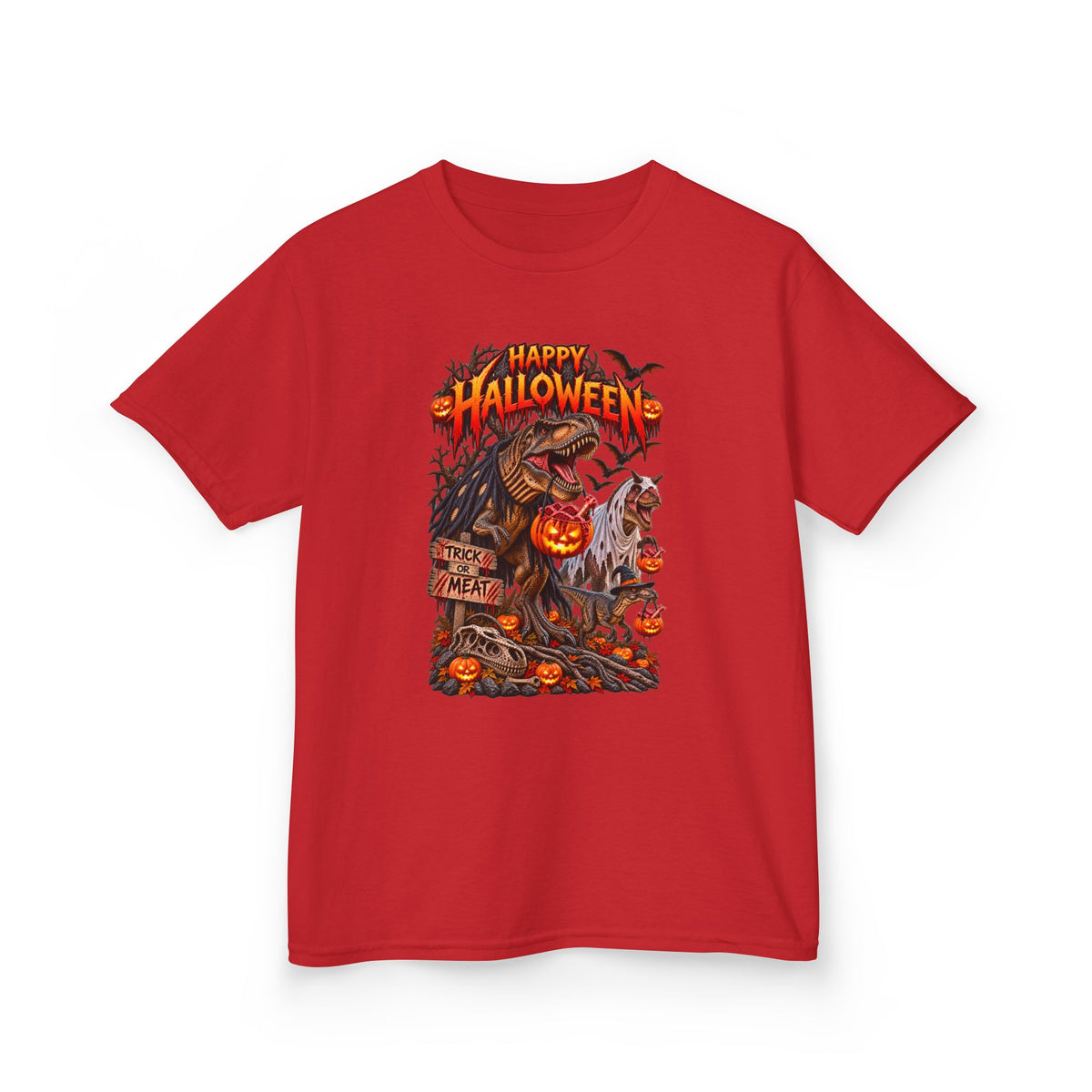 Kids Halloween Tee – "Happy Halloween" Scary Pumpkin Dinosaur Graphic