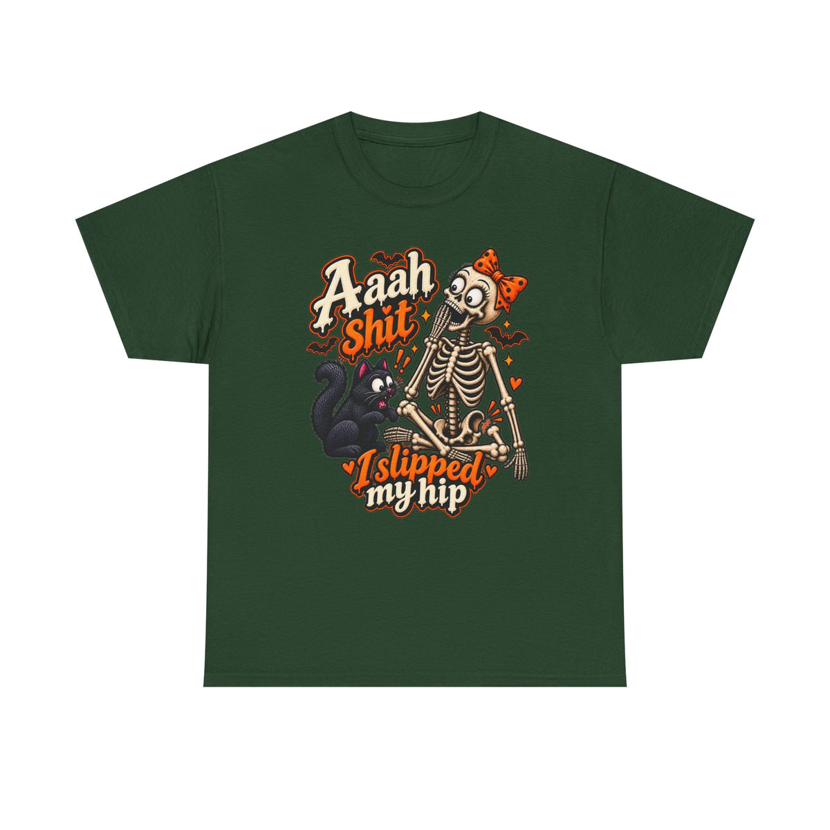 Skeleton Cat Tee — “Aaah Shit I Slipped My Hip” Halloween Graphic T-Shirt