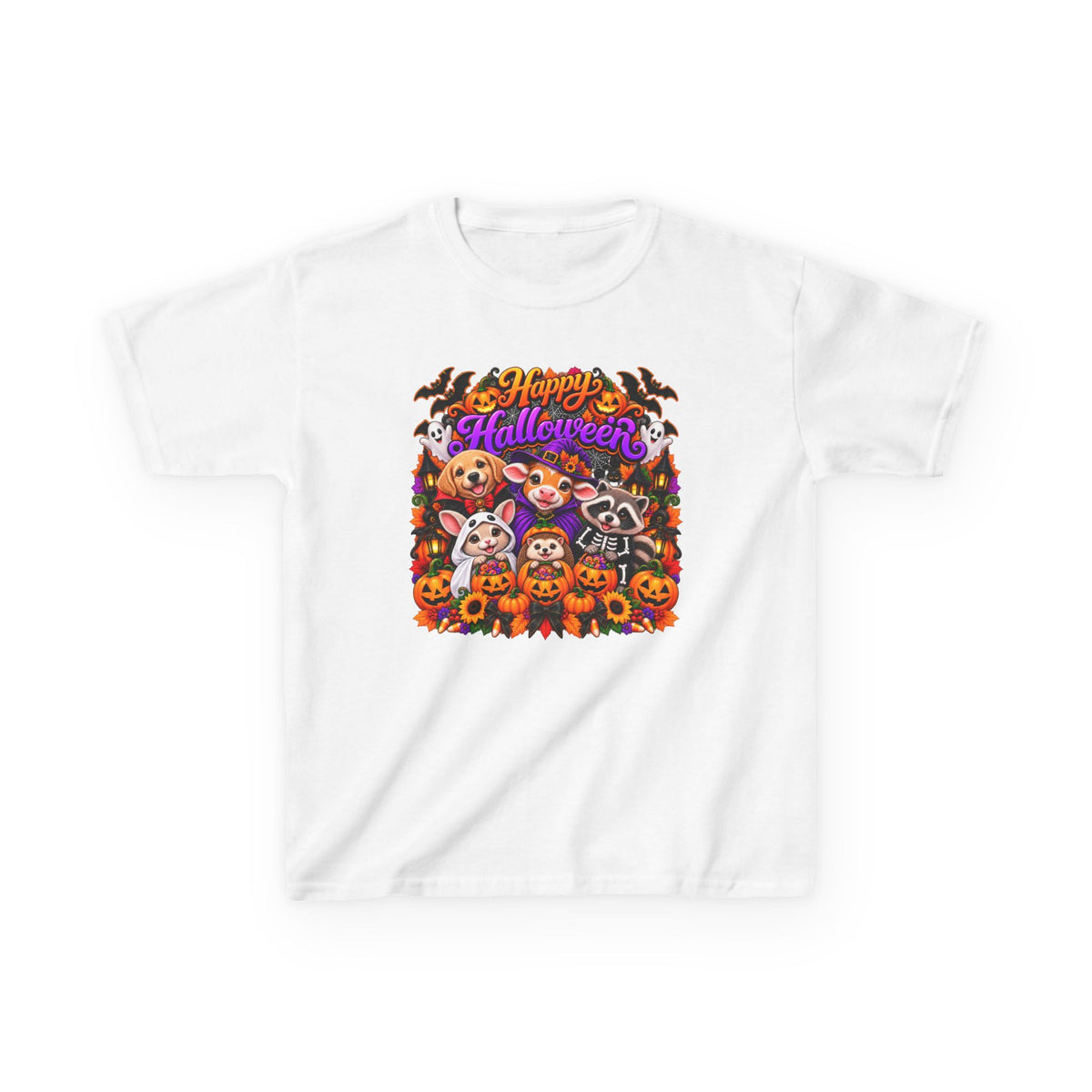 Kids T-Shirt — Colorful 'Happy Halloween' Animal Pumpkin Crew