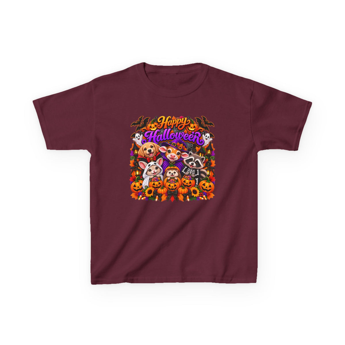 Kids T-Shirt — Colorful 'Happy Halloween' Animal Pumpkin Crew